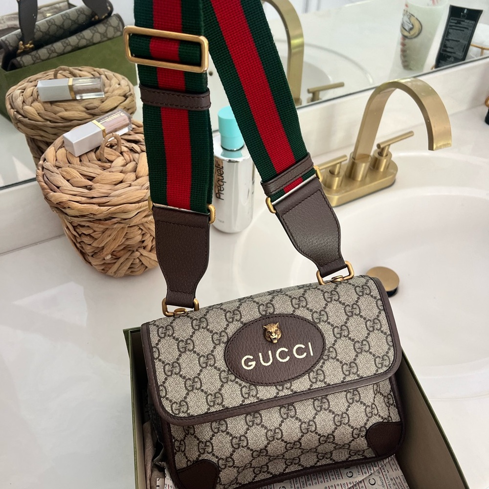 Gucci Monogram Beige and Brown Bag with Green and Red Strap
